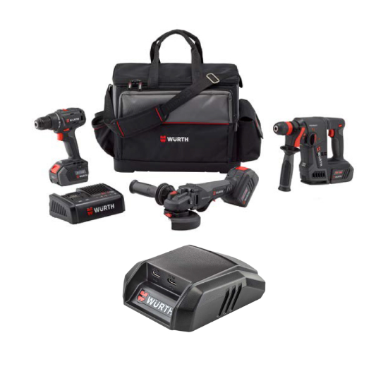 Slika 18V BATERIJSKI VIJAČNIK, SDS UDARNI VRTALNIK IN KOTNA BRUSILKA V TORBI S TREMI BATERIJAMI IN POLNILCEM + USB-C ADAPTER ZA POLNJENJE