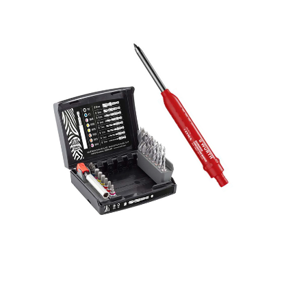 Slika KRATKI SVEDRI ZA LES Z 1/4" VPETJEM, NASTAVKI IN DRŽALOM ZA VIJAČENJE + MARKIRNI SVINČNIK