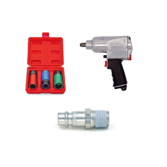 Slika 1/2" PNEVMATSKI UDARNI VIJAČNIK S SPOJKO ZA PRIKLJUČEK IN 3-DELNIM SETOM DOLGI UDARNIH NATIČNIH KLJUČEV S PLASTIČNIM VLOŽKOM