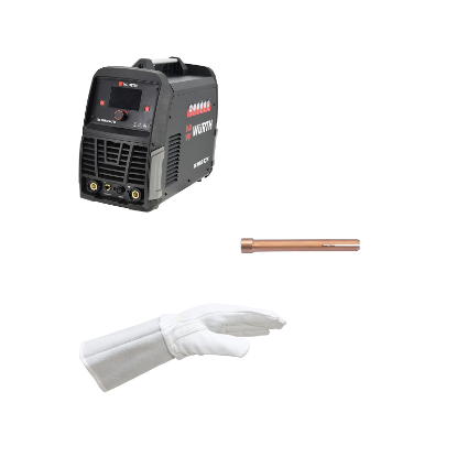 Slika Varilni aparat TIG 200 AC/DC-LCD z 10 volfram eletrodami in rokavicami za varjenje iz tankega usnja za večjo natančnost pri varjenju, vel. 10