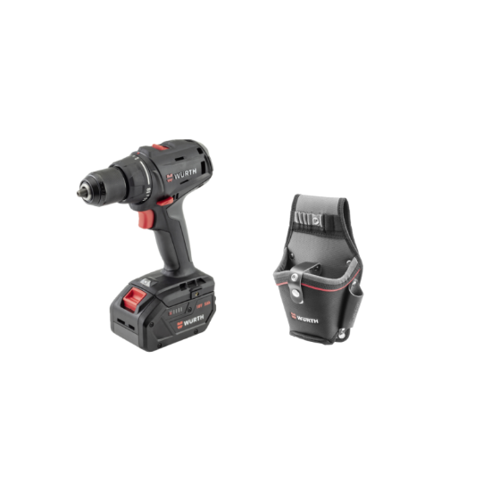 Slika Vrtalni vijačnik 18V-Compact z dvema baterijama in polnilcem v kovčku ter držalo za vijačnike. 