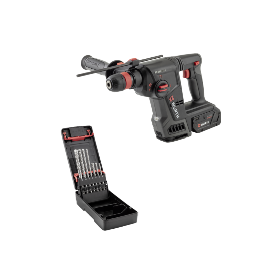 Slika Udarni vrtalnik z SDS-plus vpenjalno glavo, dvema baterijama in polnilcem v kovčku ter SDS svedri za vrtanje v beton