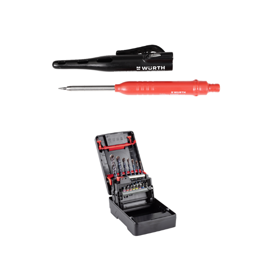 Slika 16-delni set večnamenskih vidija svedrov z držalom in nastavki za vijačenje ter markirnim svinčnikom