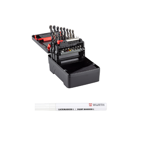 Slika 28-delni set HSS svedrov za železo z držalom in nastavki za vijačenje ter belim markirnim flomastrom