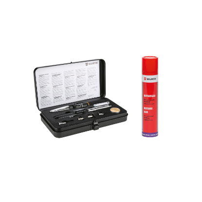 Slika Plinski spajkalnik z okroglo in ploščato konico za spajkanje, nastavkom za vroči zrak in rezervnim plinom