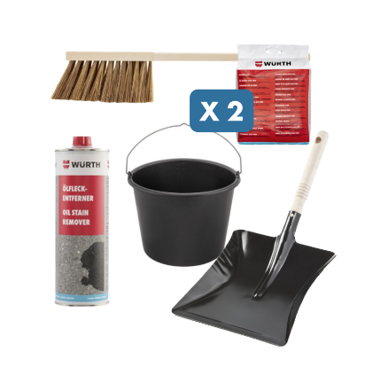 Slika Set Absorber "Road" (2 x 10 kg), sredstvo za odstranjevanje oljnih madežev (1 L), omelo, lopatica in vedro