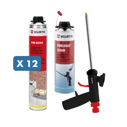 Slika PU pena za lepljenje izolacijskih plošč (12 x 750 ml), pištola za nanos pene + čistilo za pištolo