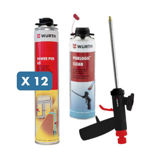 Slika PU pena (12 x 750 ml) z večjim volumnom za zapolnjevanje, pištola za nanos pene + čistilo za pištolo