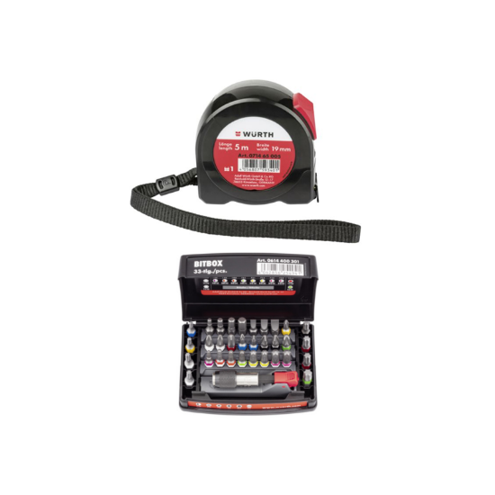 Slika 33-delni set nastavkov z držalom za vijačenje in baterijskim vrtalnikom + žepni meter (5 m)