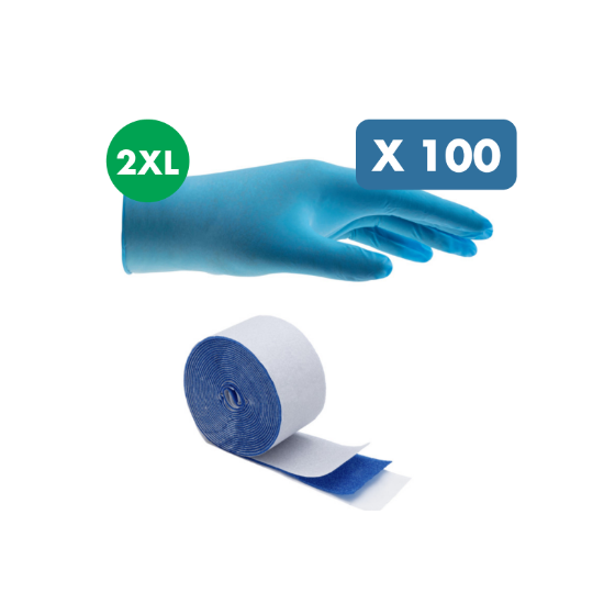 Slika 100 x modre zaščitne rokavice za enkratno uporabo iz nitrila, velikost 2XL + elastičen obliži (6 x 450 cm)