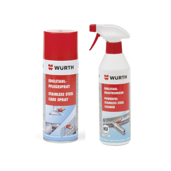 Slika Pena v spreju za čiščenje in nego satiniranega inoxa (400 ml)  in tekočina za čiščenje poliranega inoxa v pršilki (500 ml)