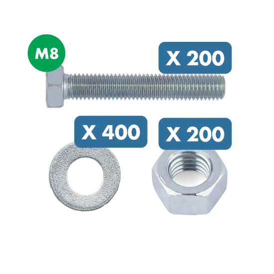 Slika 200 x pocinkan vijak s 6-kotno glavo (M8 x 20) + 400 x podložka M8 in 200 x 6 kotna matica M8