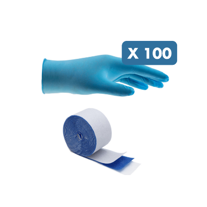 Slika 100 x modre zaščitne rokavice za enkratno uporabo iz nitrila + elastičen obliži (6 x 450 cm)