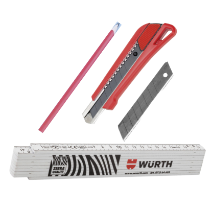 Slika Nož s pomičnim rezilom (18 mm), tesarski svinčnik (240 mm) in zložljiv meter (2 m)