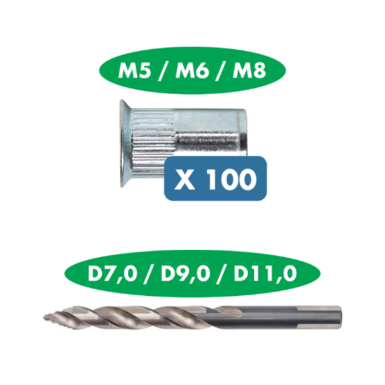 Slika 100 x M5 + M6 + M8 pocinkana vtisna matica z vgreznjeno glavo in SmartStep svedri za pripravo izvrtine