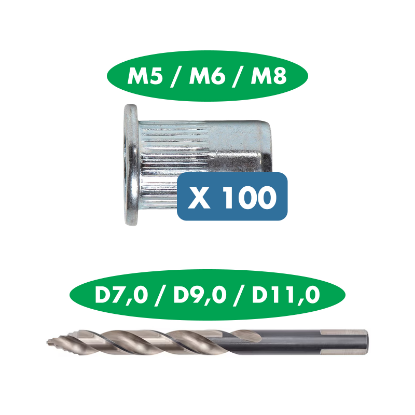 Slika 100 x M5 + M6 + M8 pocinkana vtisna matica z ravno glavo in SmartStep svedri za pripravo izvrtine