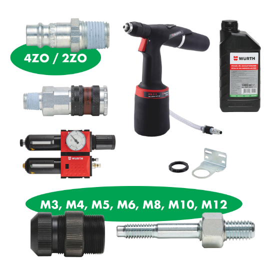 Slika Pnevmatska pištola za stiskanje vtisnih matic M3 do M12 s pripravno entoto in oljem za pravilen tlak in podmazovanje orodja