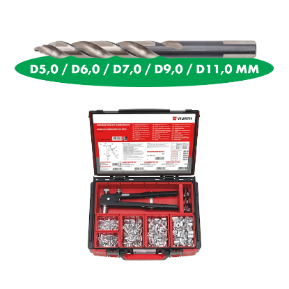 Slika 506 - delni set vtisnih matic M3 do M8, ALU z ravno glavo, kleščami za stiskanje matic do M8 in SmartStep svedri za pripravo izvrtine