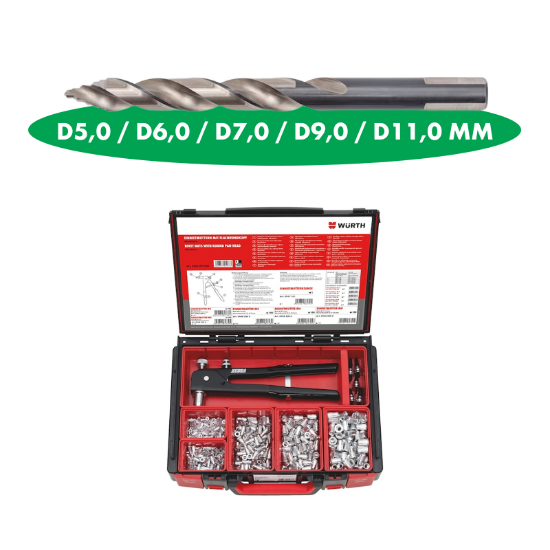 Slika 506 - delni set vtisnih matic M3 do M8, ALU z ravno glavo, kleščami za stiskanje matic do M8 in SmartStep svedri za pripravo izvrtine