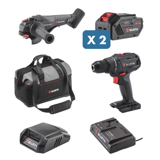 Slika Vrtalni vijačnik 18 V ABS/AWS, kotna brusilka, USB-C adapter, 2 bateriji, polnilec in torba