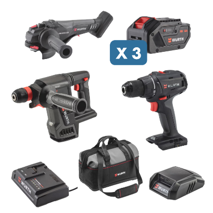 Slika Vrtalni vijačnik 18V ABS/AWS/ABH, kotna brusilka, SDS-plus udarni vrtalnik, USB-C adapter, 3 baterije, polnilec in torba