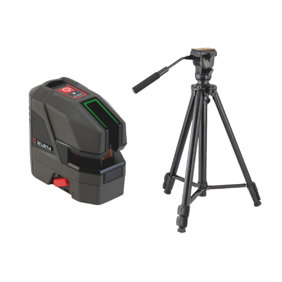 Slika Križni linijski laser z žarkom zelene barve, 2 x 180°,  polnilno baterijo in stojalom nastavljivim od 668 do 1.580mm