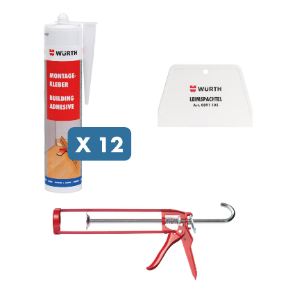 Slika 12 x 310 ml montažno lepilo, spatula + ročna pištola za kartuše "Basic"