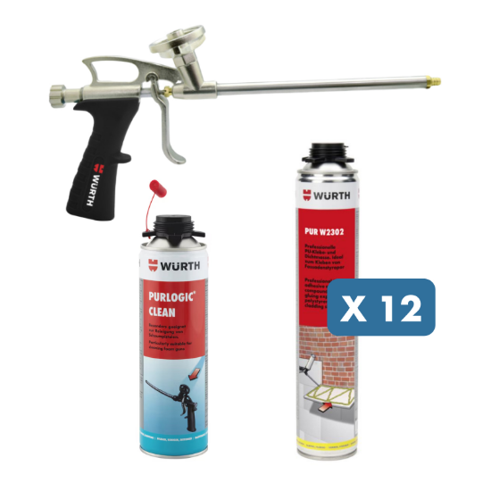 Slika 12 x  PU pena lepilo za izolacijske plošče (750 ml), čistilo za peno in Alu Economy pištola za nanos pene