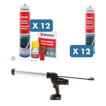 Slika 12 x set lepilo za steklo Expert z vsemi pripomočki + 12 kartuš in M CUBE baterijska pištola za kartuše