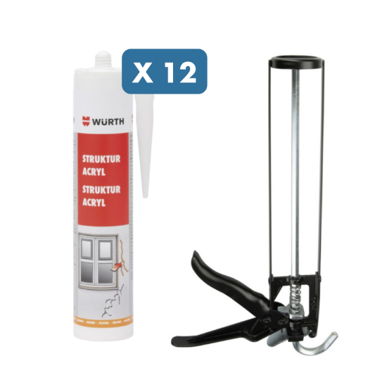 Slika 12 x 310 ml bel strukturni akrilni kit + ročna pištola za kartuše "Basic"