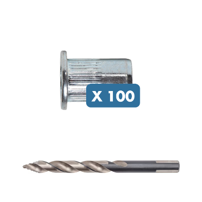 Slika 100 x M5 + M6 + M8 pocinkana/ALU vtisna matica z ravno glavo/vgreznjeno glavo in SmartStep svedri za pripravo izvrtine