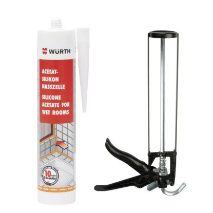 Slika 12 x silikon Acetat Sanitar (transparent/bel) + ročna pištola za kartuše "Basic"