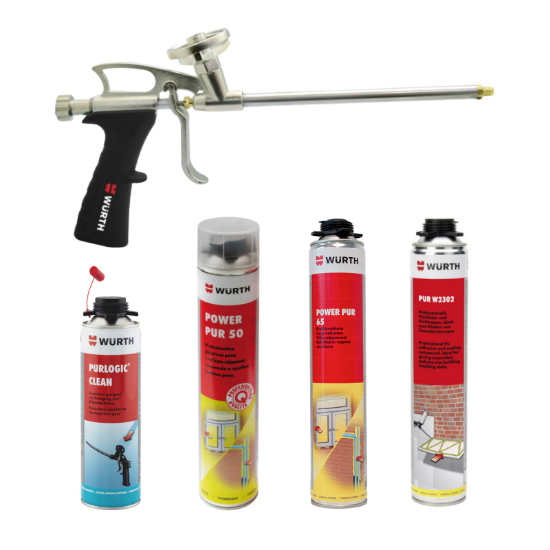 Slika PU pena (800/750 ml), čistilo za peno (500 ml) in Alu Economy pištola za nanos pene